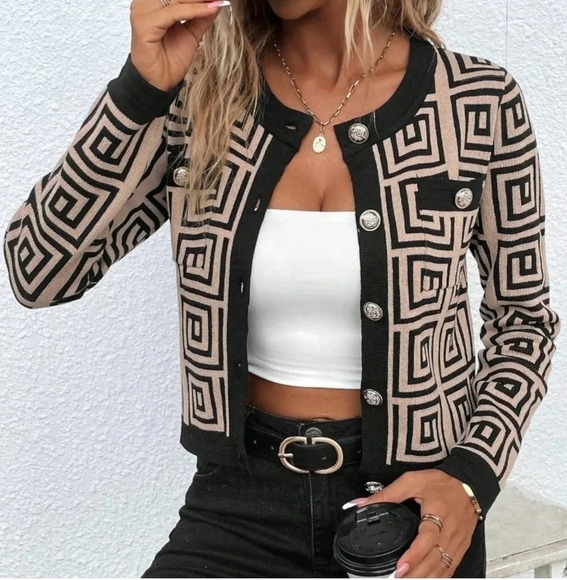 Geo Pattern Contrast Trim Button Front Crop Cardigan Black & Tan - Picture 1 of 5